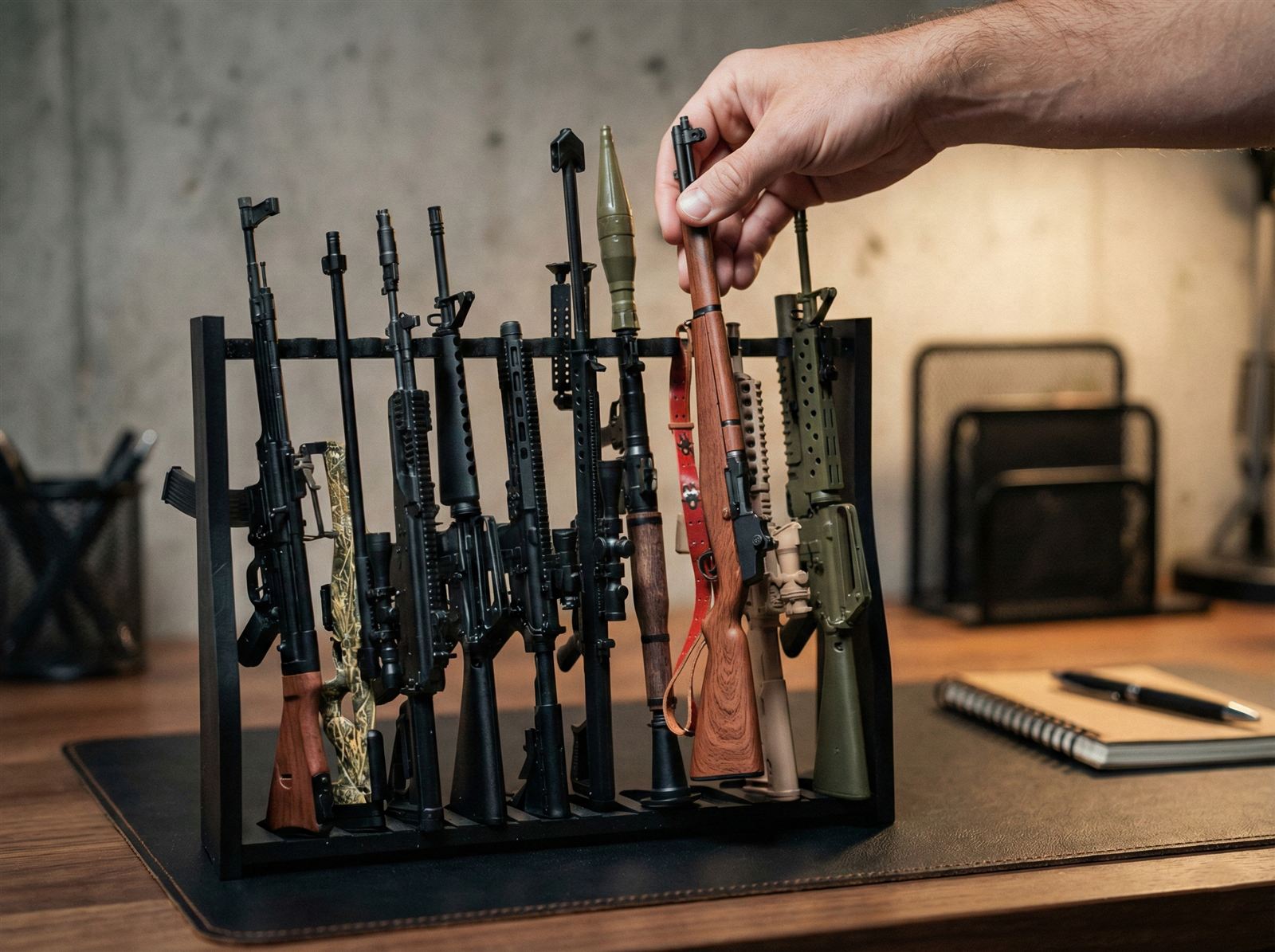 A hand reaches for a GoatGuns miniature in a display rack on a desk